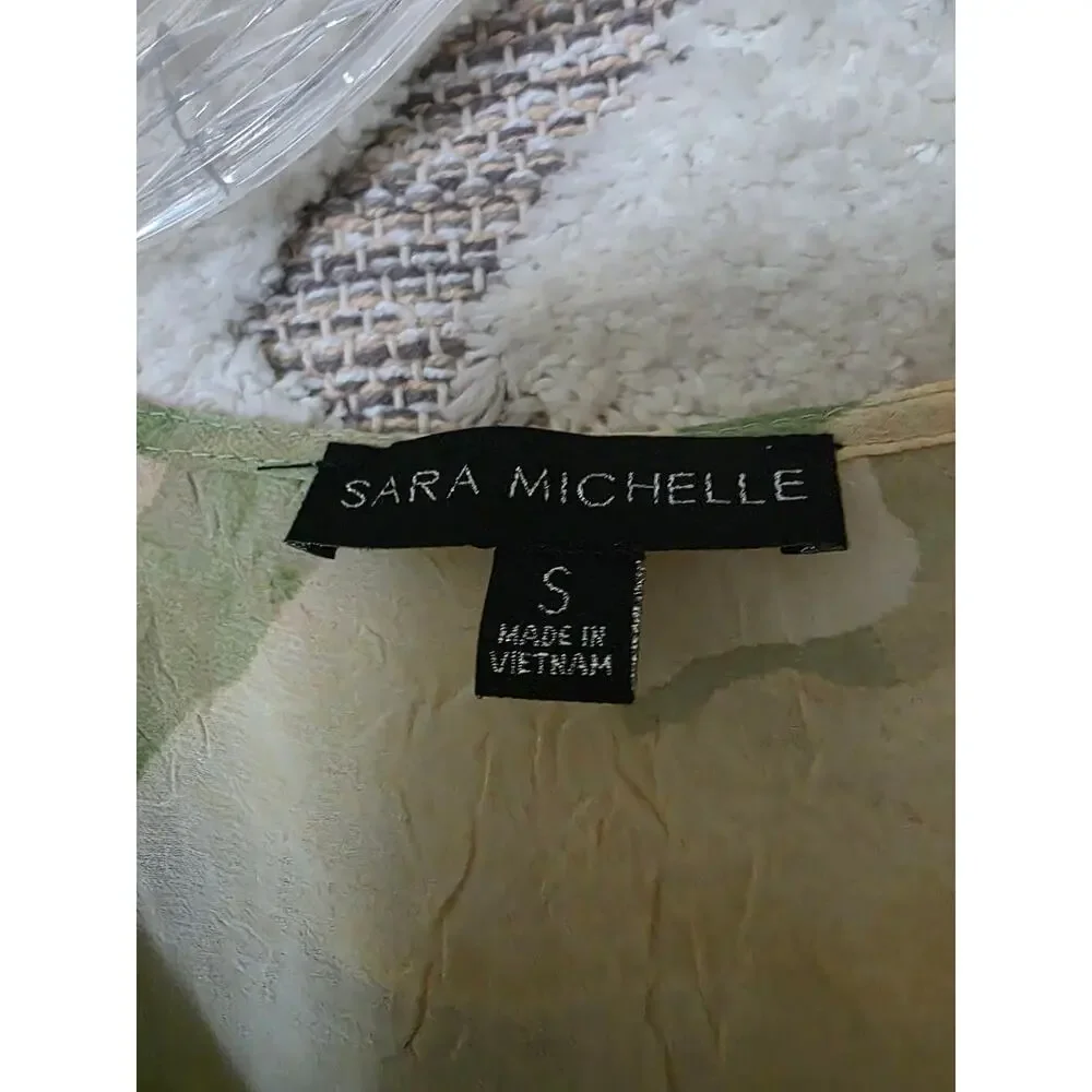 NWT Sara Michelle Sheer Floral Blouse Size S Green Pastel Ruffle Front